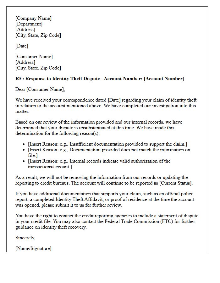 Unsubstantiated Identity Theft Dispute Response Letter