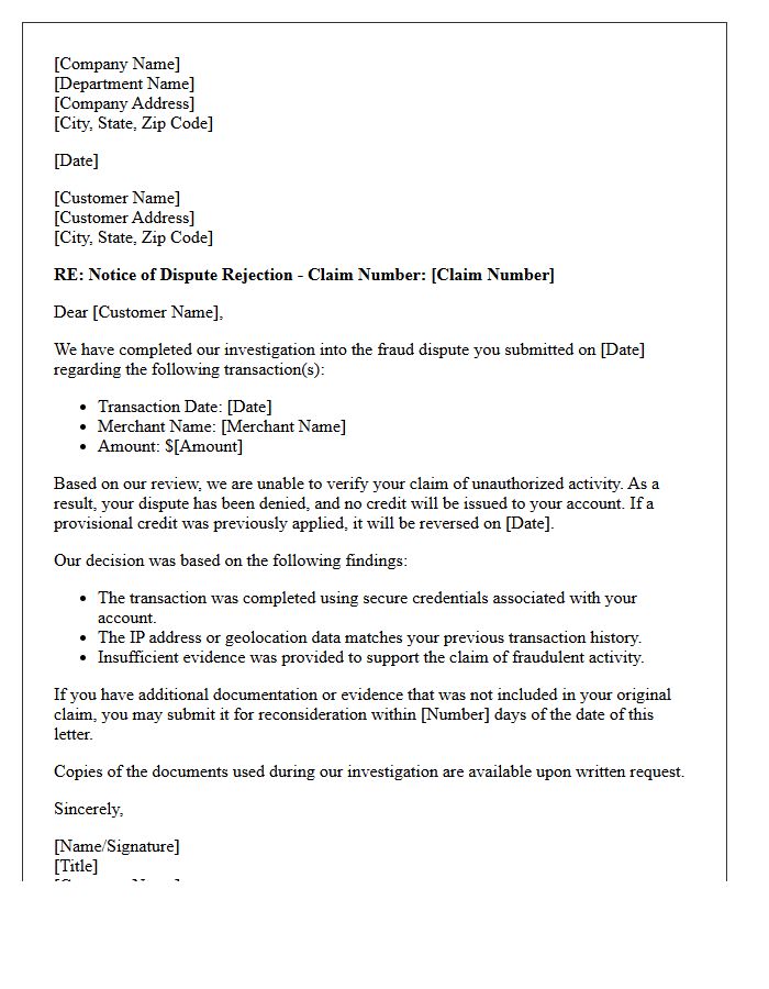 Unverified Fraud Dispute Response and Rejection Letter
