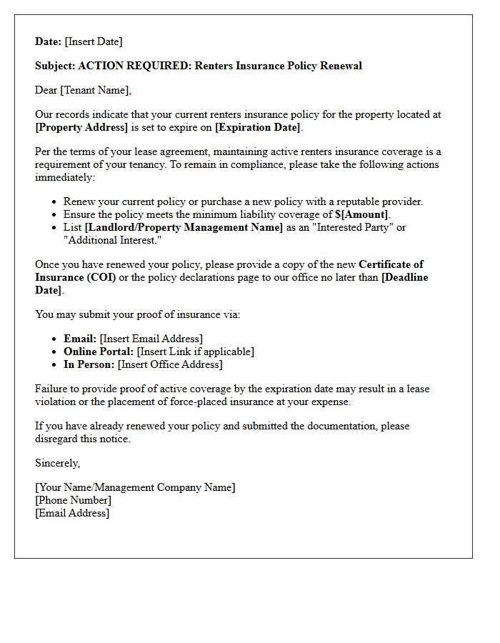 Action Required Renters Insurance Policy Renewal Letter