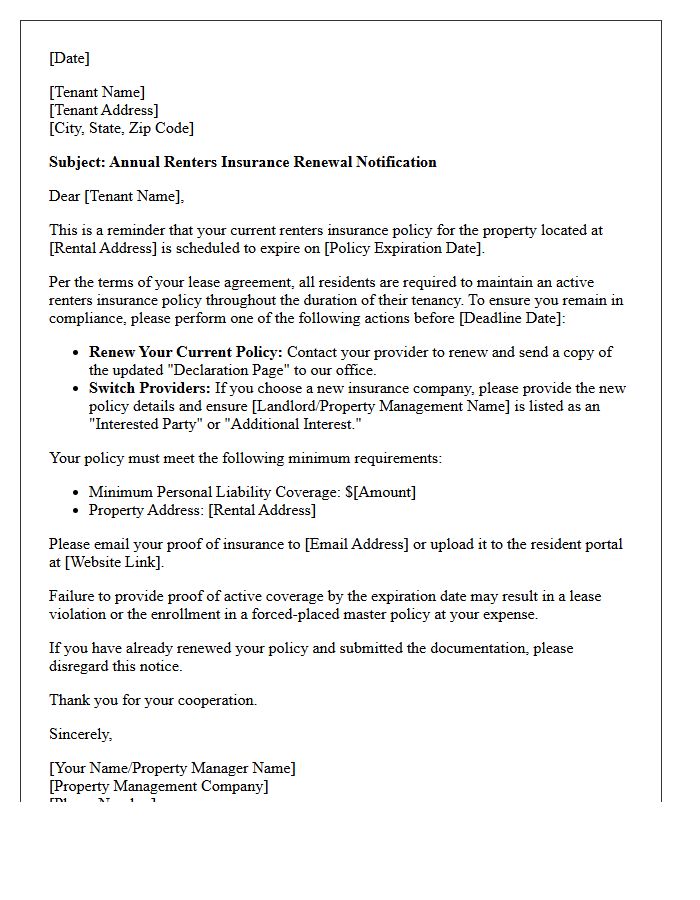 Annual Renters Insurance Policy Renewal Notification Letter