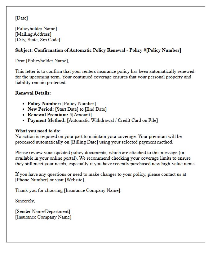 Automatic Renters Insurance Policy Renewal Confirmation Letter
