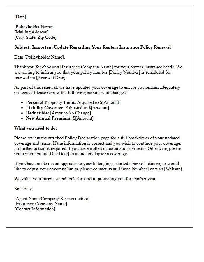 Coverage Update Renters Insurance Policy Renewal Letter