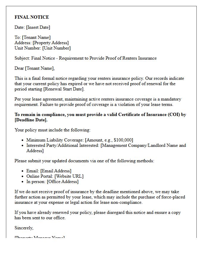 Final Notice Renters Insurance Policy Renewal Letter