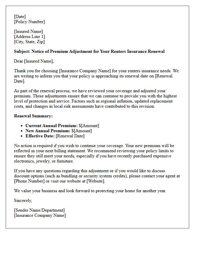 Premium Adjustment Renters Insurance Policy Renewal Letter