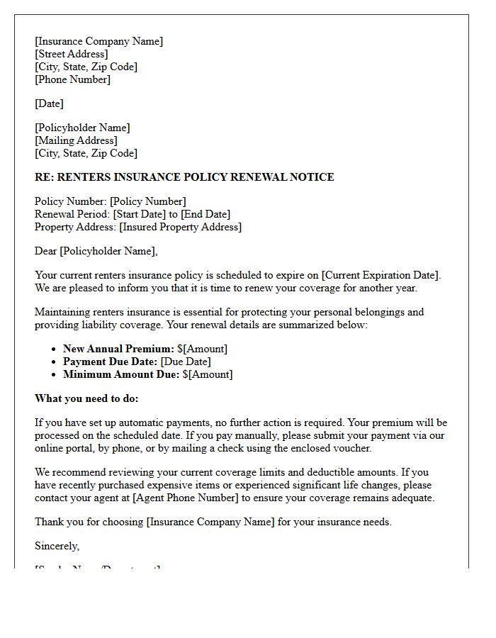 Standard Renters Insurance Policy Renewal Notice Letter