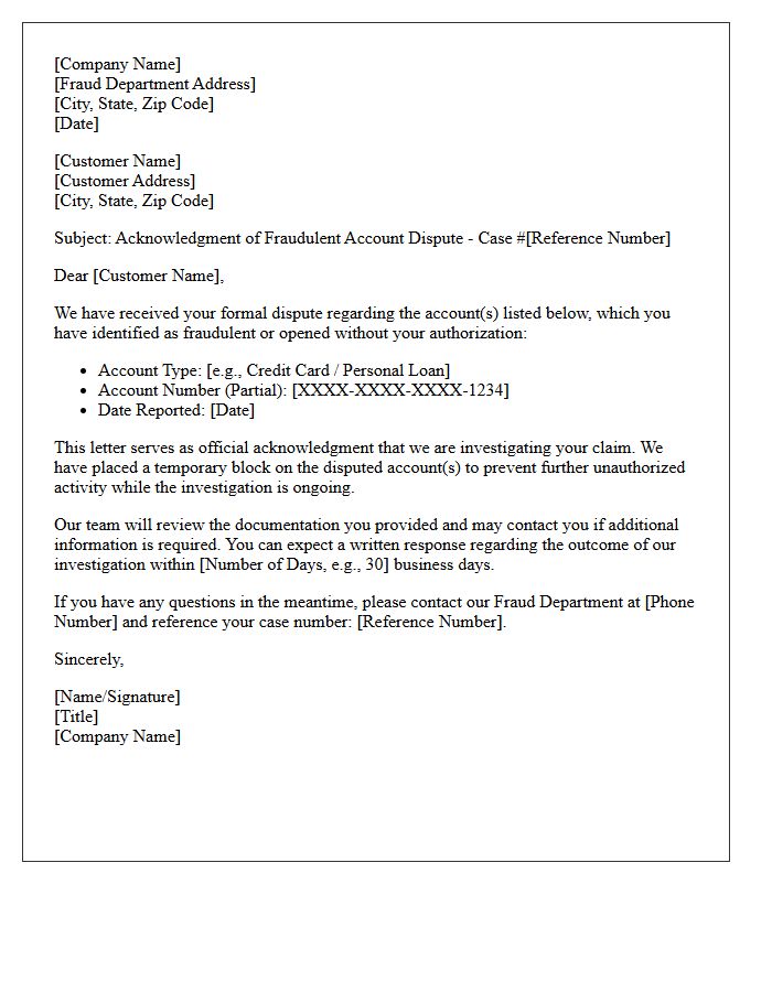 Acknowledgment of Fraudulent Account Dispute Letter