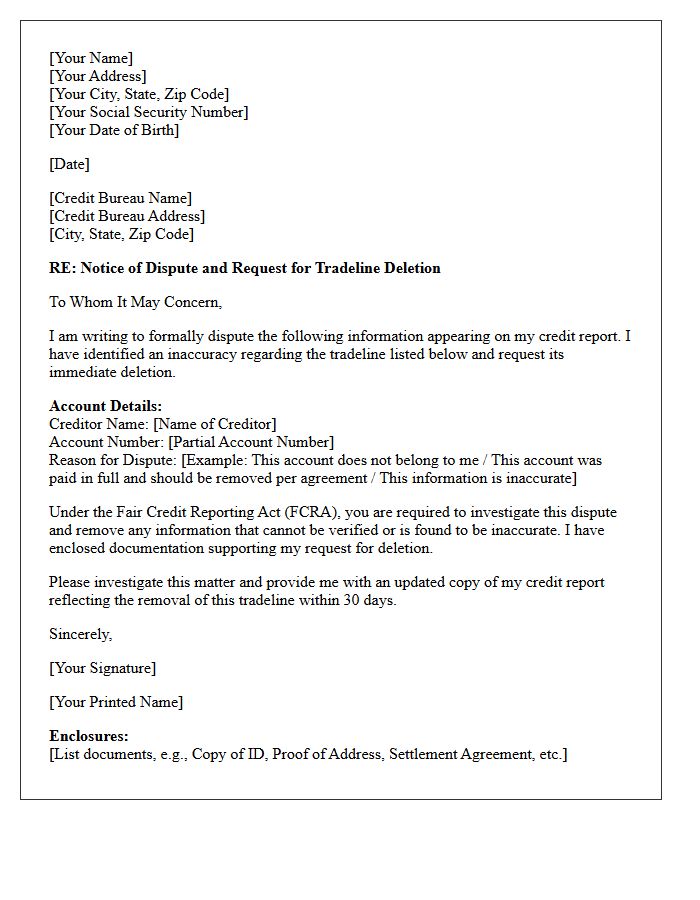 Credit Bureau Tradeline Deletion Notice Letter