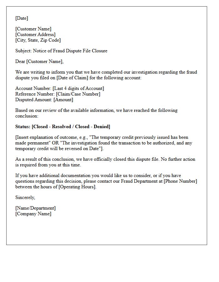 Fraud Dispute File Closure Letter