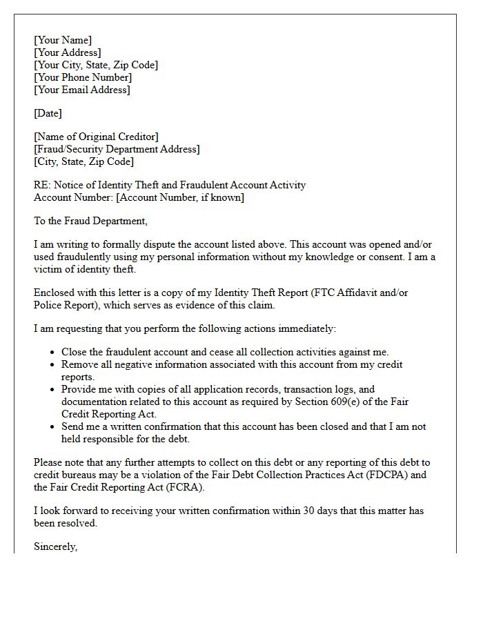 Original Creditor Fraud Claim Notification Letter
