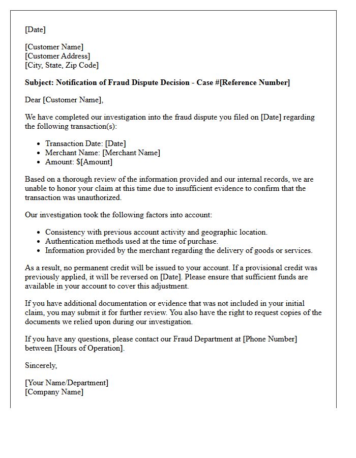 Rejection of Fraud Dispute Due to Insufficient Evidence Letter