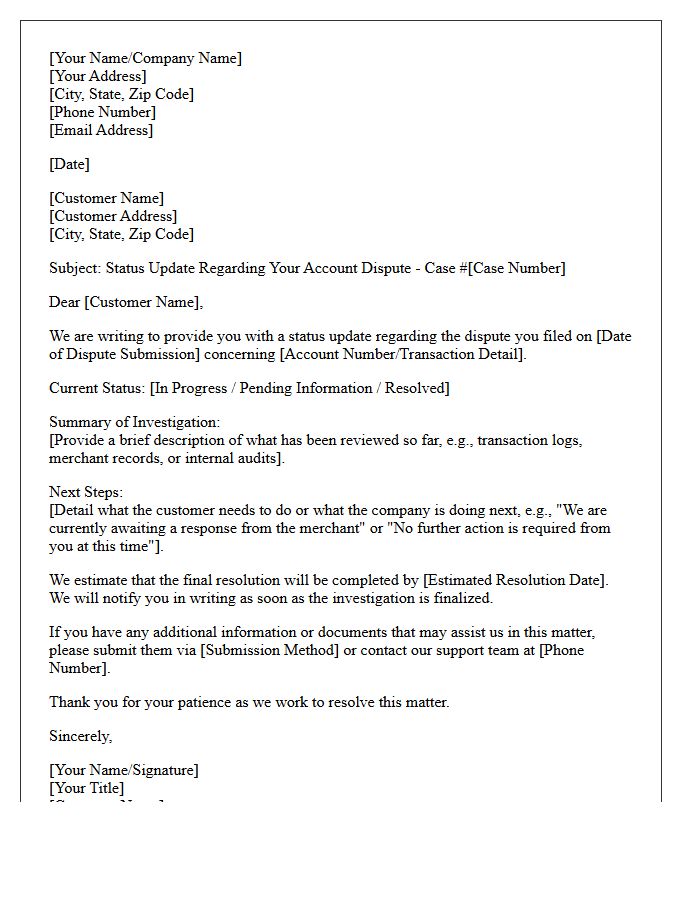 Account Dispute Resolution Status Update Letter