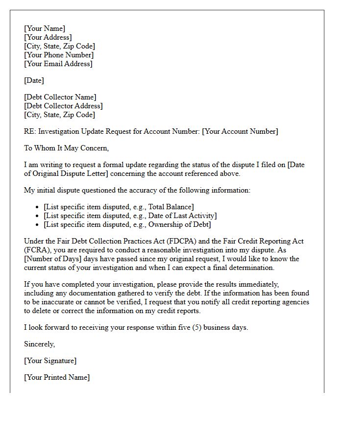 Collection Account Dispute Investigation Update Letter