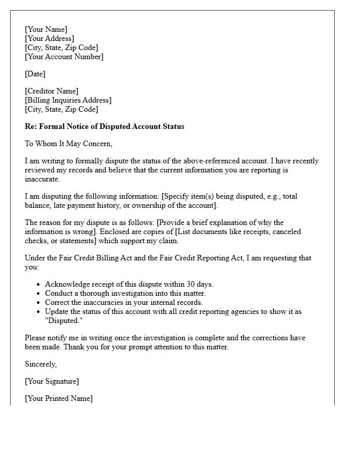 Creditor Notice Of Disputed Account Status Letter