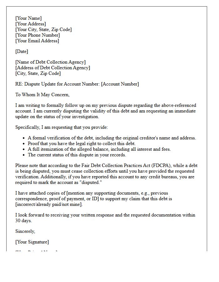 Debt Collection Disputed Account Update Letter