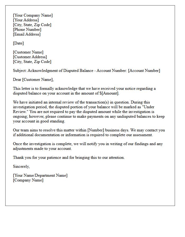 Disputed Balance Status Acknowledgment Letter