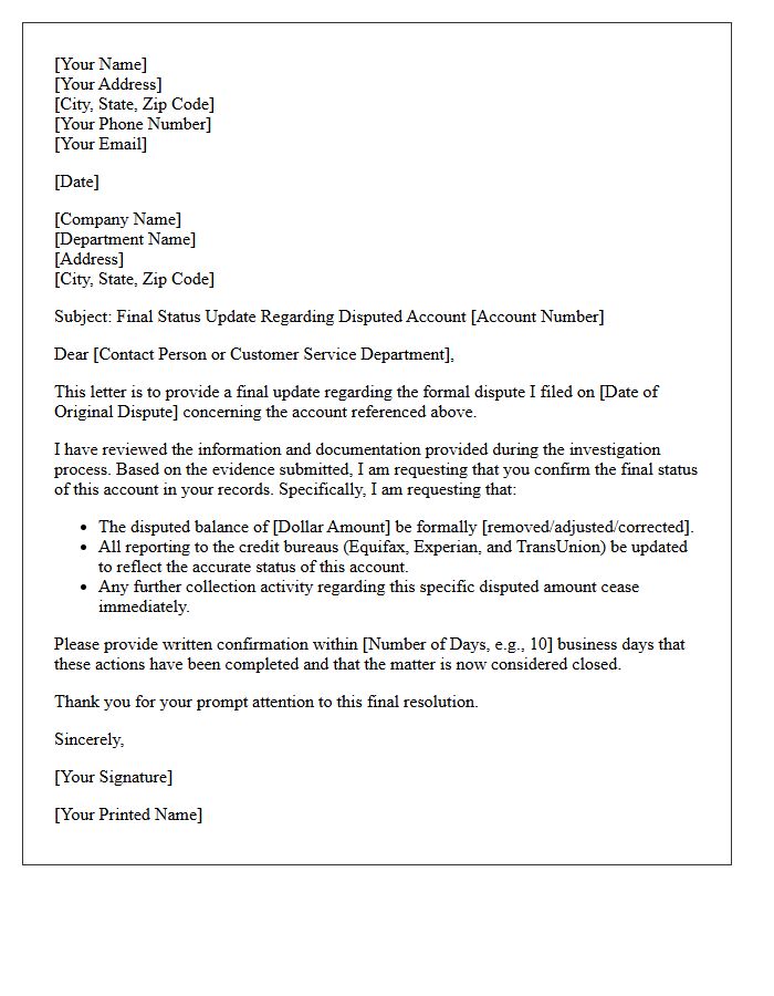 Final Status Update Letter For Disputed Account