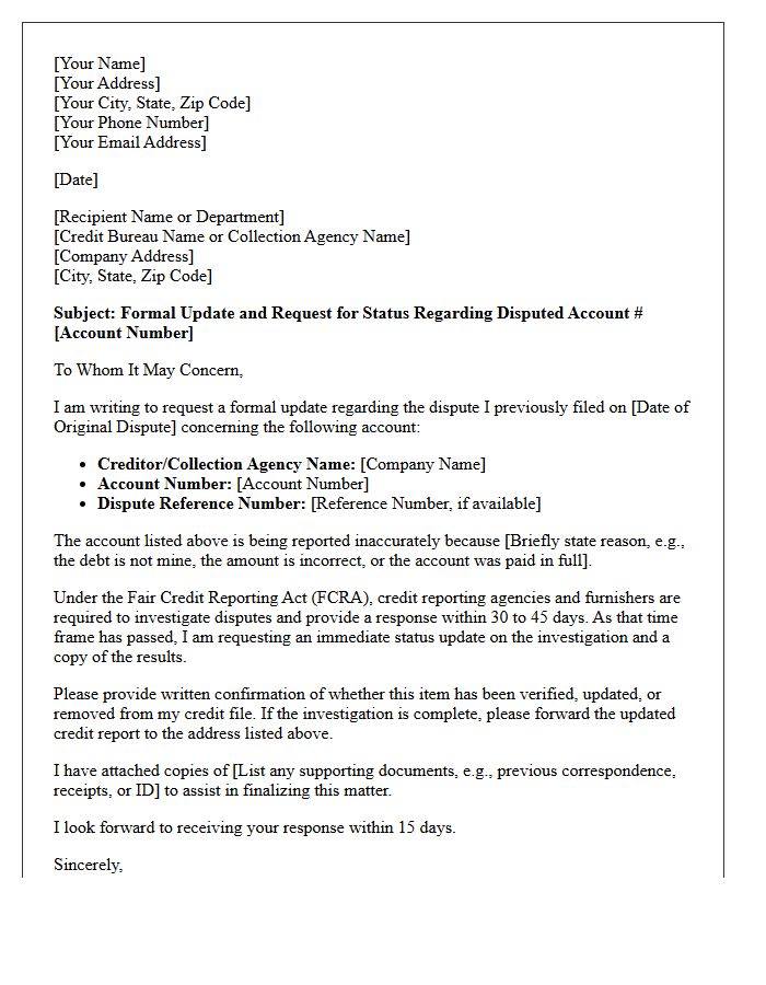 Formal Update Letter For Disputed Collection Account