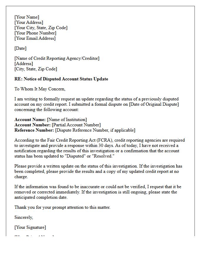 Notice Of Disputed Account Status Update Letter