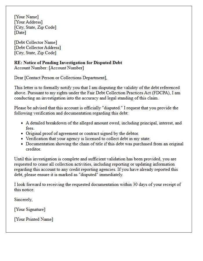 Notice Of Pending Investigation For Disputed Debt Letter