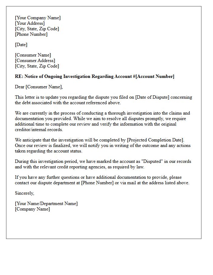 Ongoing Investigation Status Update Letter For Disputed Debt