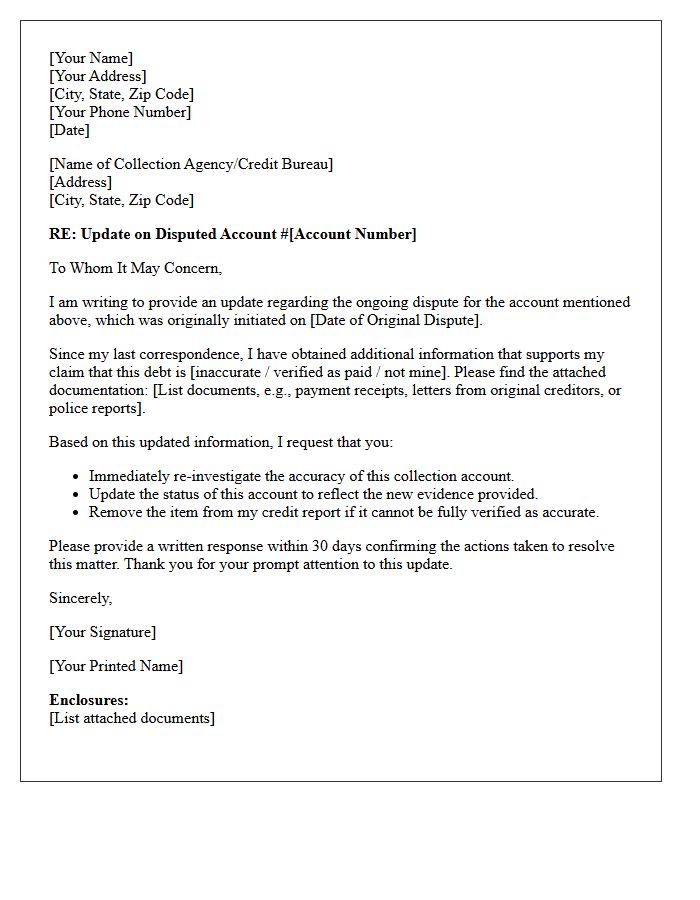 Update Letter Regarding Disputed Collection Account