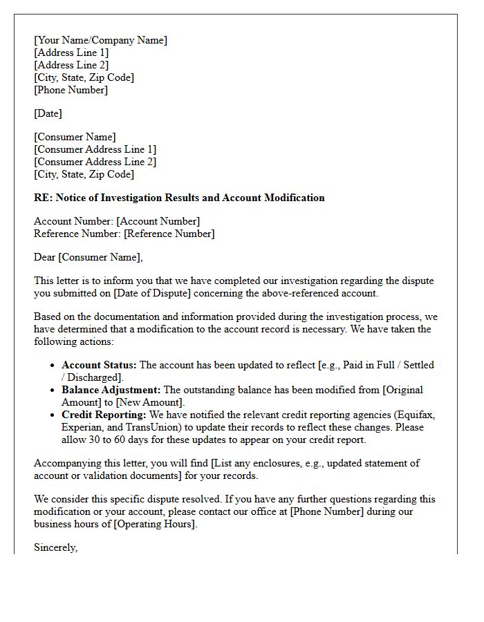 Debt Collection Dispute Investigation Modification Results Letter