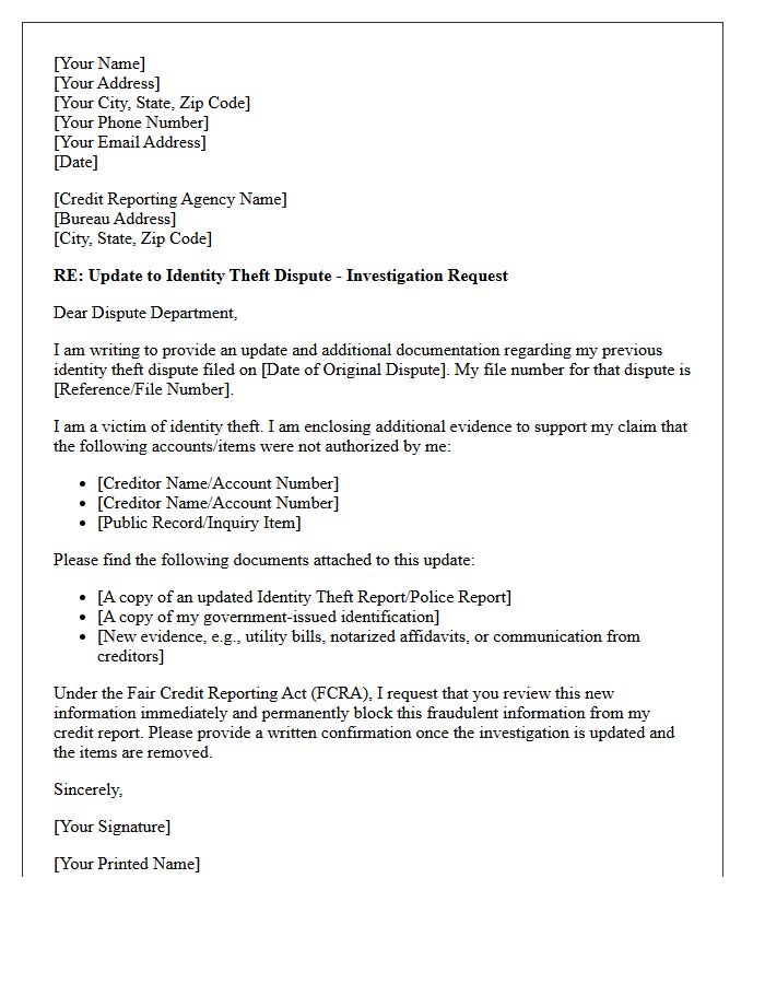 Identity Theft Dispute Investigation Bureau Update Letter