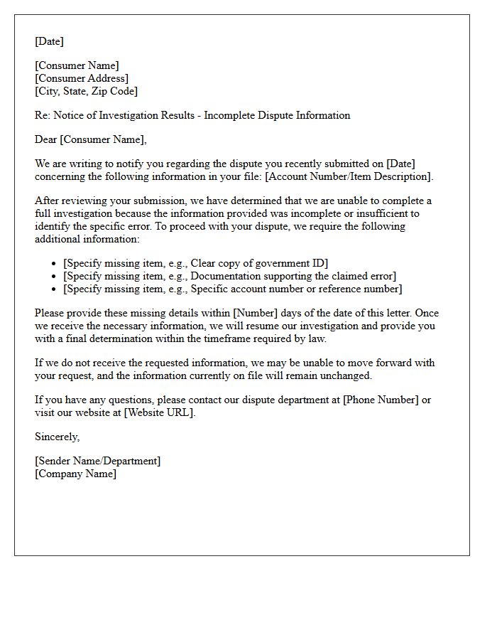 Incomplete Information Dispute Investigation Results Notice Letter