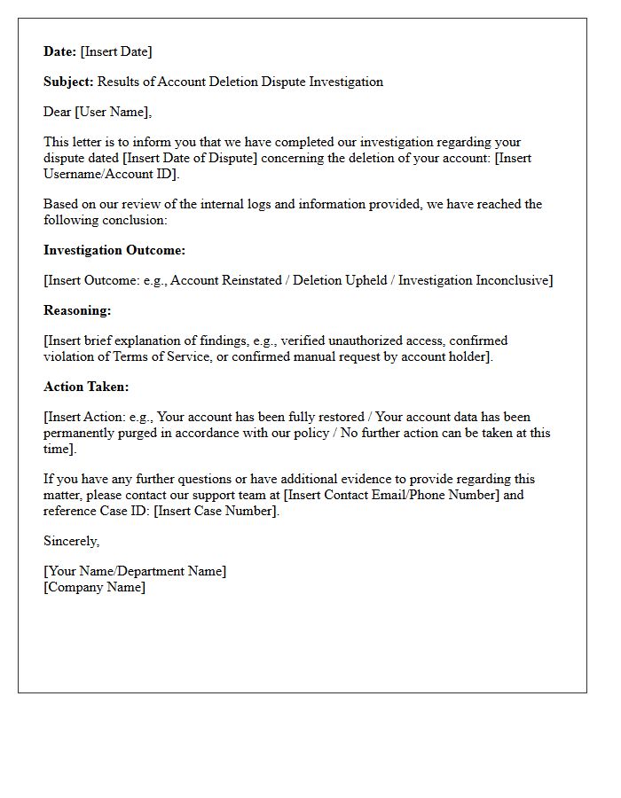 Notice of Account Deletion Dispute Investigation Results Letter