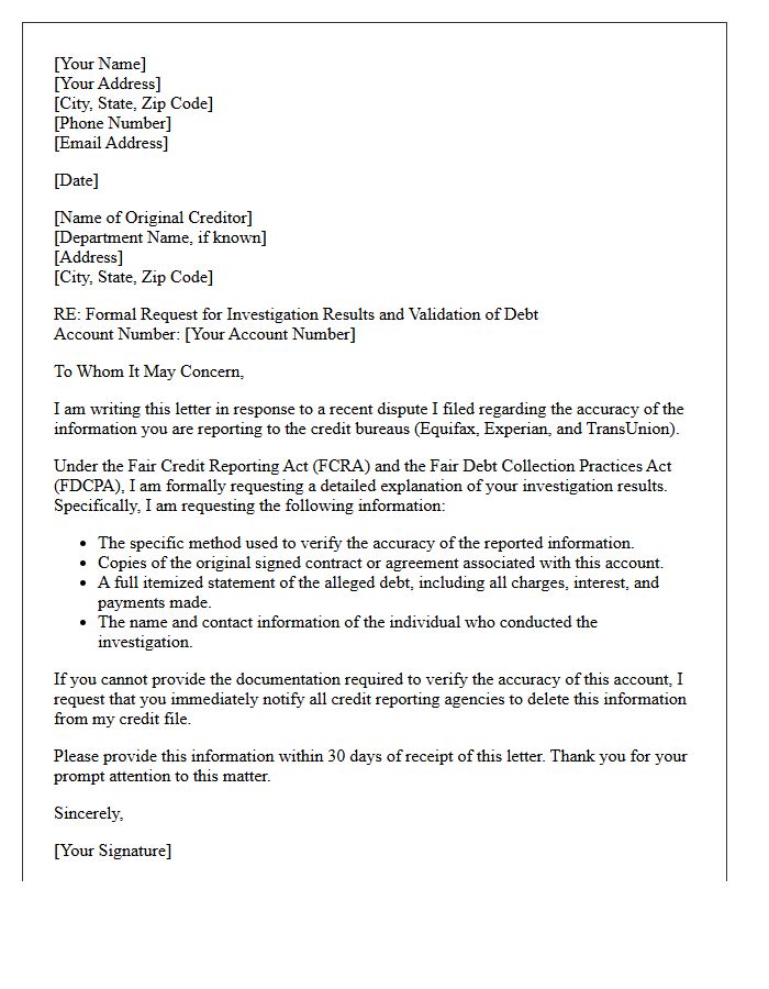 Original Creditor Verification Dispute Investigation Results Letter