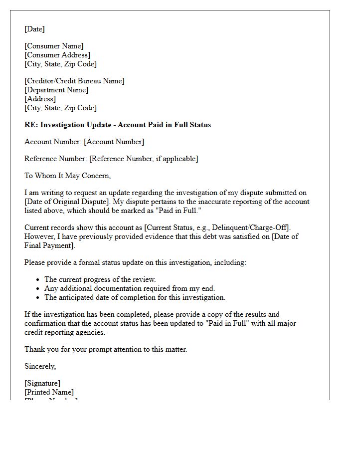 Paid in Full Status Dispute Investigation Update Letter