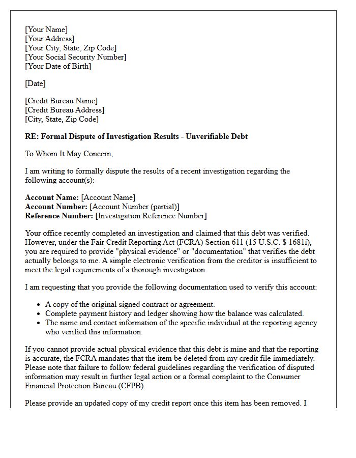Unverifiable Debt Deletion Dispute Investigation Results Letter