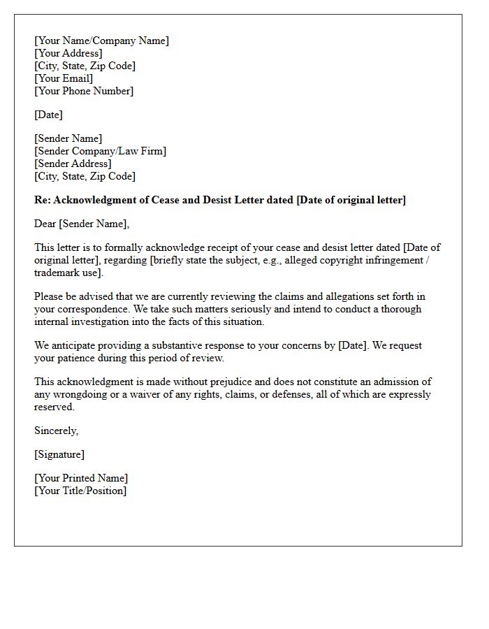Acknowledgment of Cease and Desist Letter