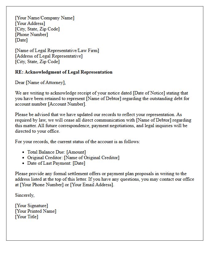 Debtor Legal Representation Acknowledgment Letter