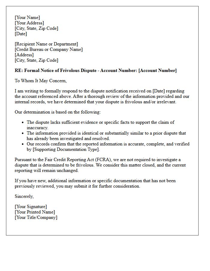 Frivolous Dispute Notification Letter