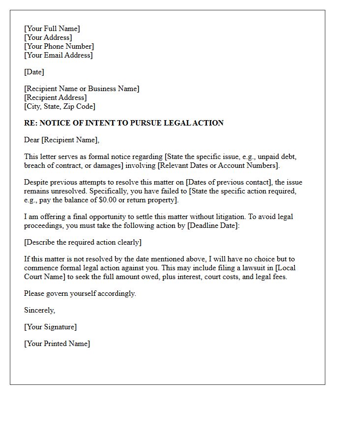 Intent to Pursue Legal Action Letter