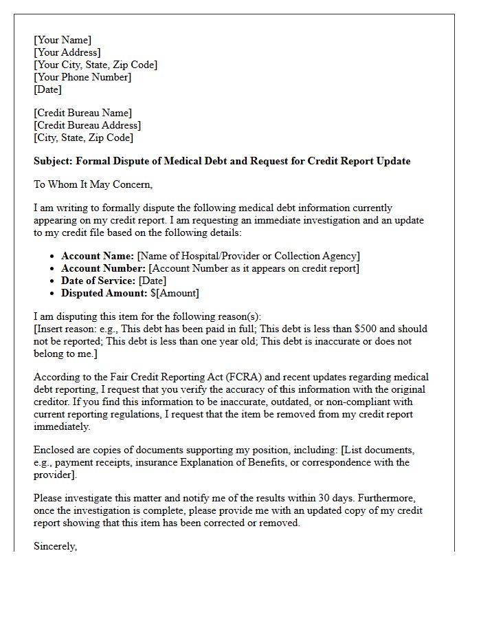 Medical Debt Dispute Investigation Credit Bureau Update Notification Letter
