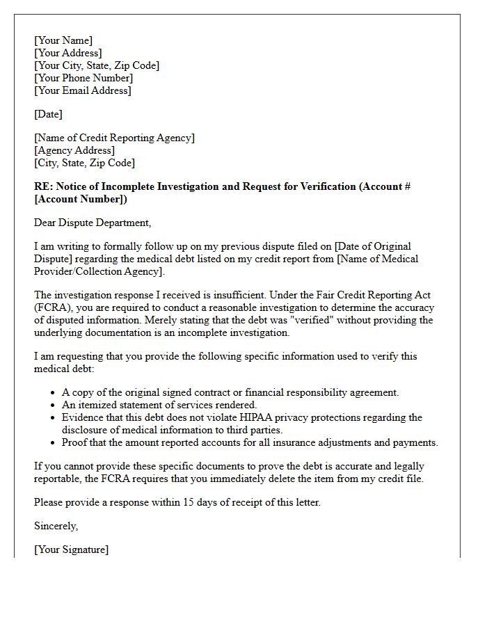 Medical Debt Dispute Investigation Incomplete Information Request Letter