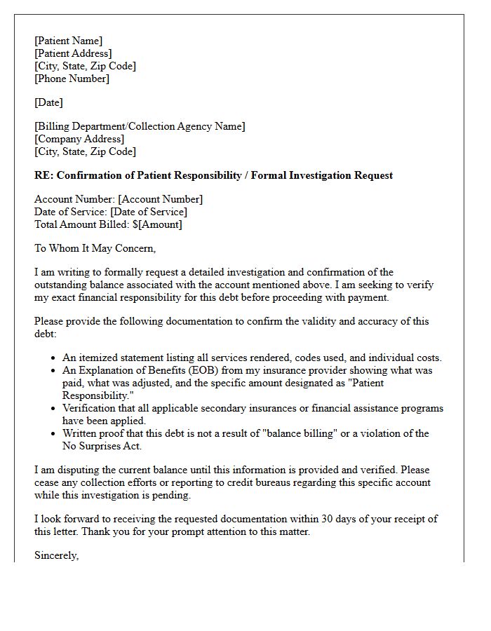 Medical Debt Investigation Patient Responsibility Confirmation Letter