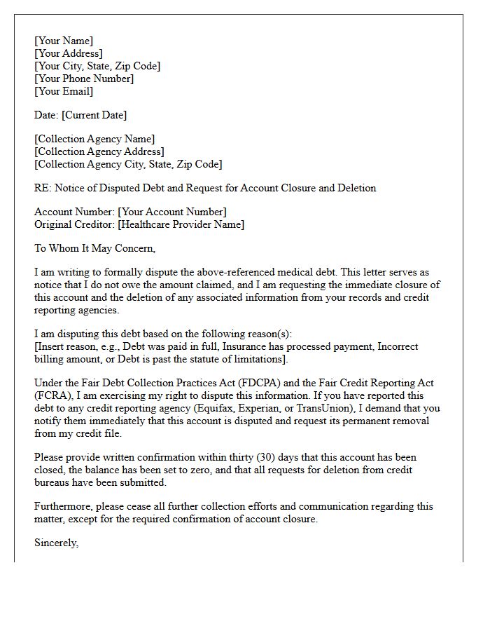 Notice of Disputed Medical Debt Account Closure and Deletion Letter
