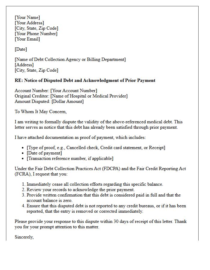 Notice of Disputed Medical Debt Prior Payment Acknowledgment Letter