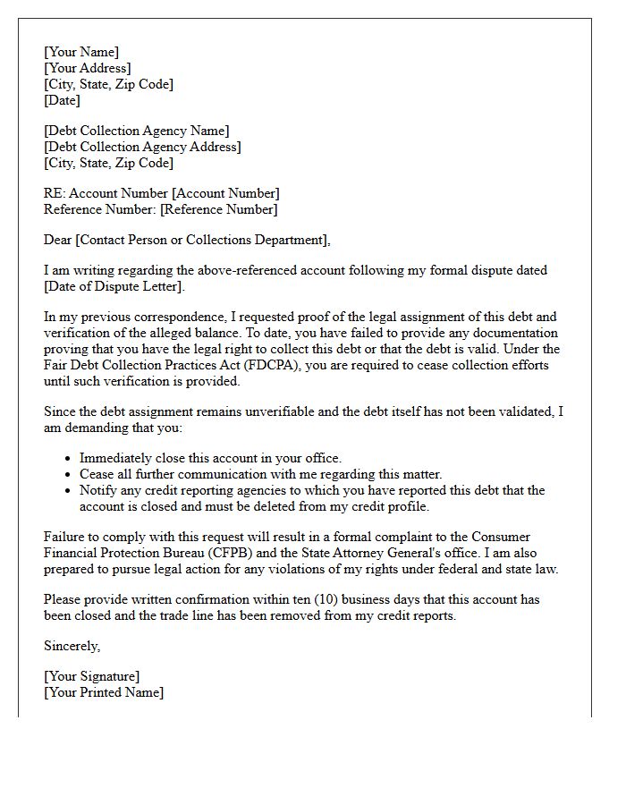 Account Closure Letter Following Unverifiable Debt Assignment Dispute