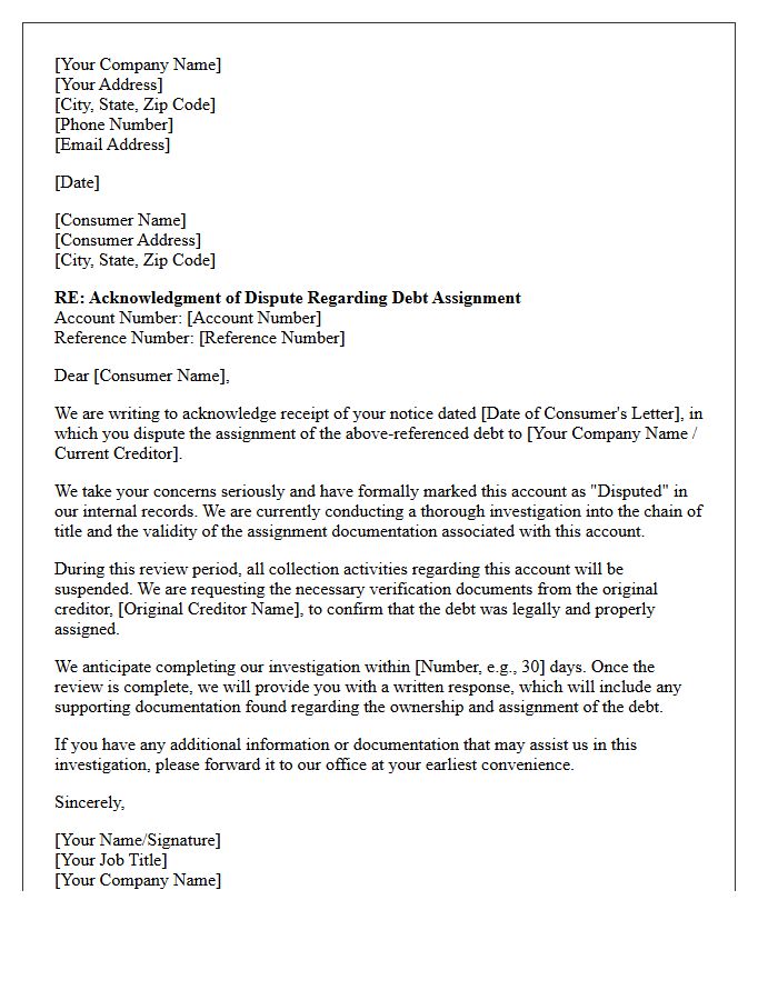 Acknowledgment Letter for Improper Debt Assignment Dispute Notice