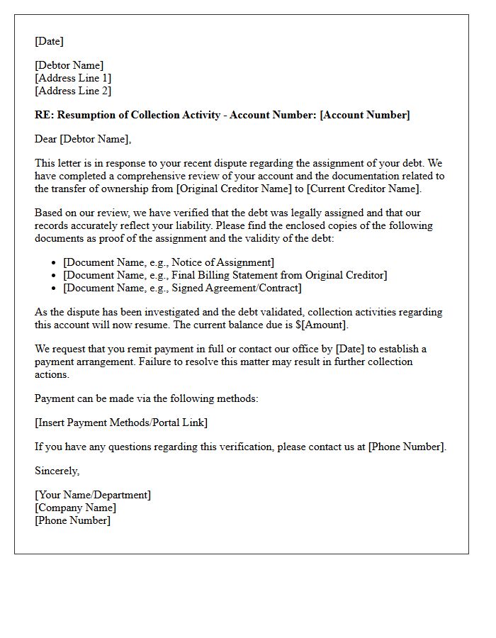 Collection Resumption Letter Following Debt Assignment Dispute Review