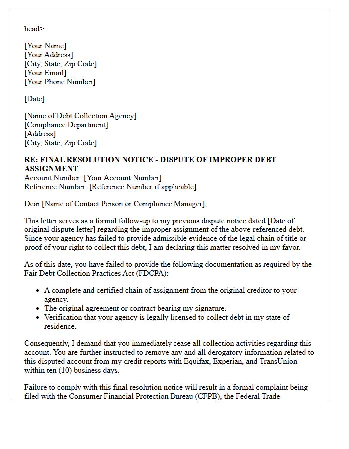 Final Resolution Letter Regarding Improper Debt Assignment Dispute Notice