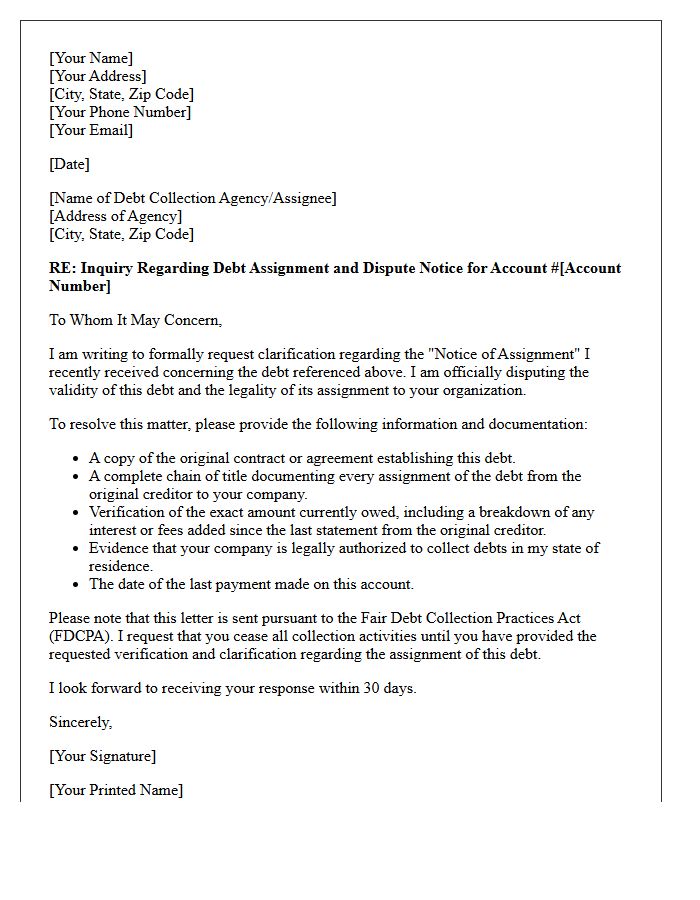 Inquiry Letter Requesting Clarification on Debt Assignment Dispute Notice