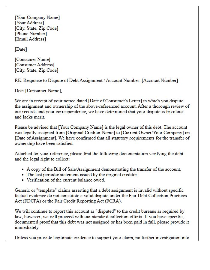 Response Letter Addressing Frivolous Improper Debt Assignment Dispute Notice