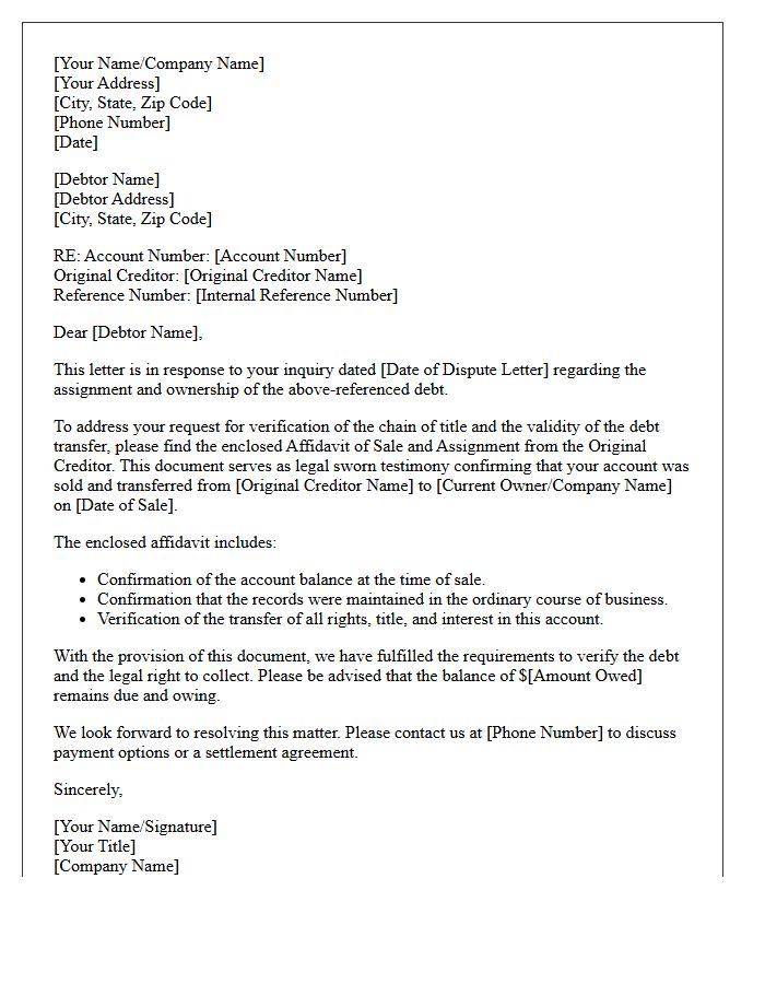 Response Letter Providing Original Creditor Affidavit for Assignment Dispute