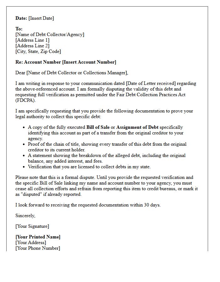 Verification Letter Enclosing Bill of Sale for Debt Assignment Dispute