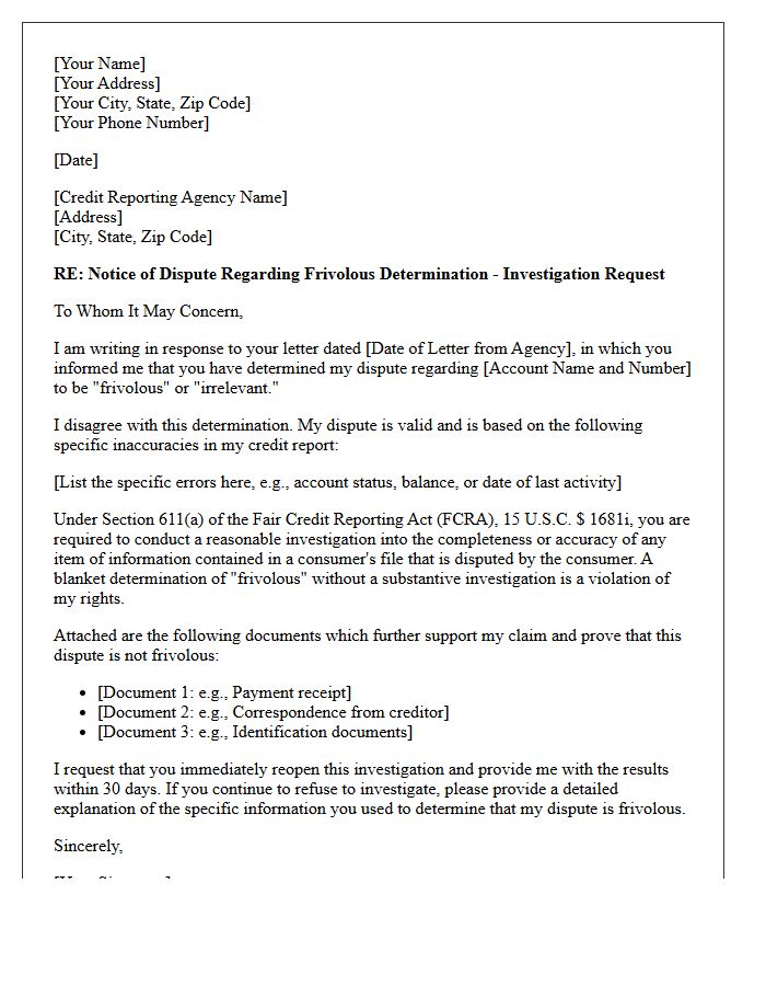 Consumer Dispute Frivolous Determination Letter